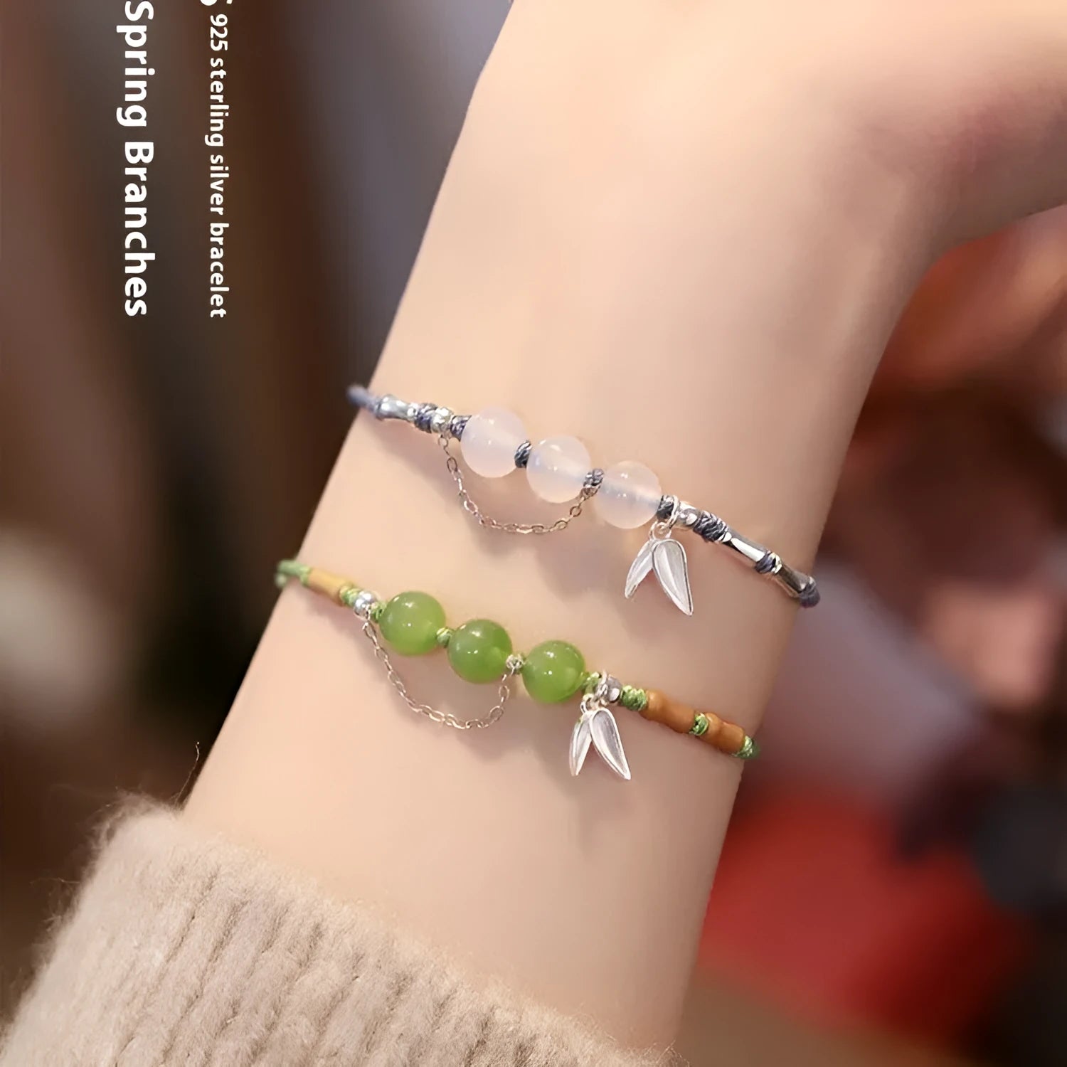 Women's Hetian jade bracelet with handmade woven carrying strap in light green or haze blue chalcedony.
