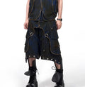 Blue heavy industry style hooded denim vest and matching trousers laid flat