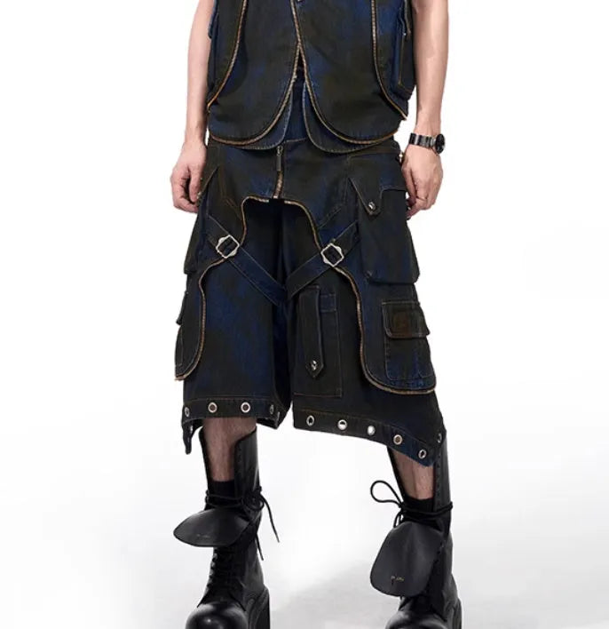 Blue heavy industry style hooded denim vest and matching trousers laid flat