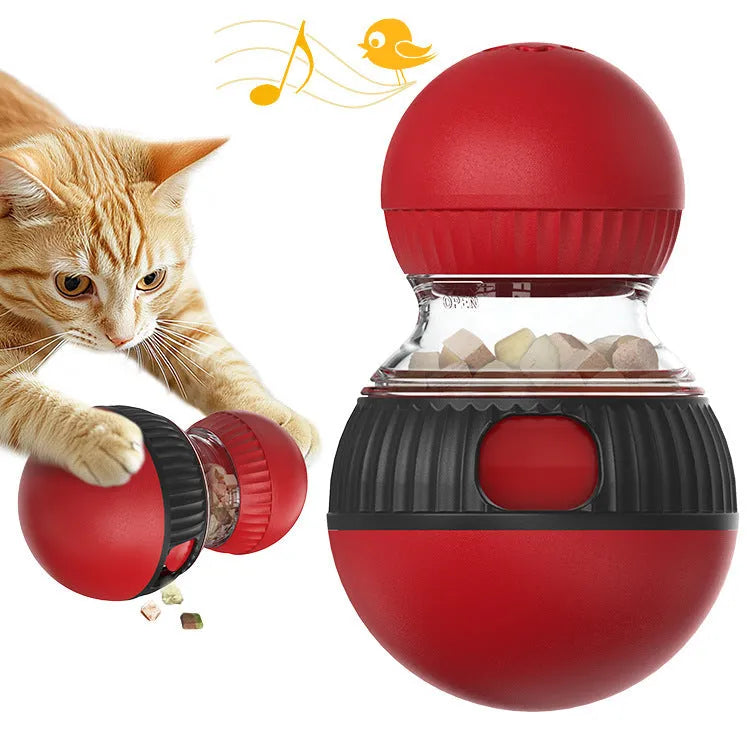 Rotating plastic cat toy ball in super ball colour with food dispensing mechanism