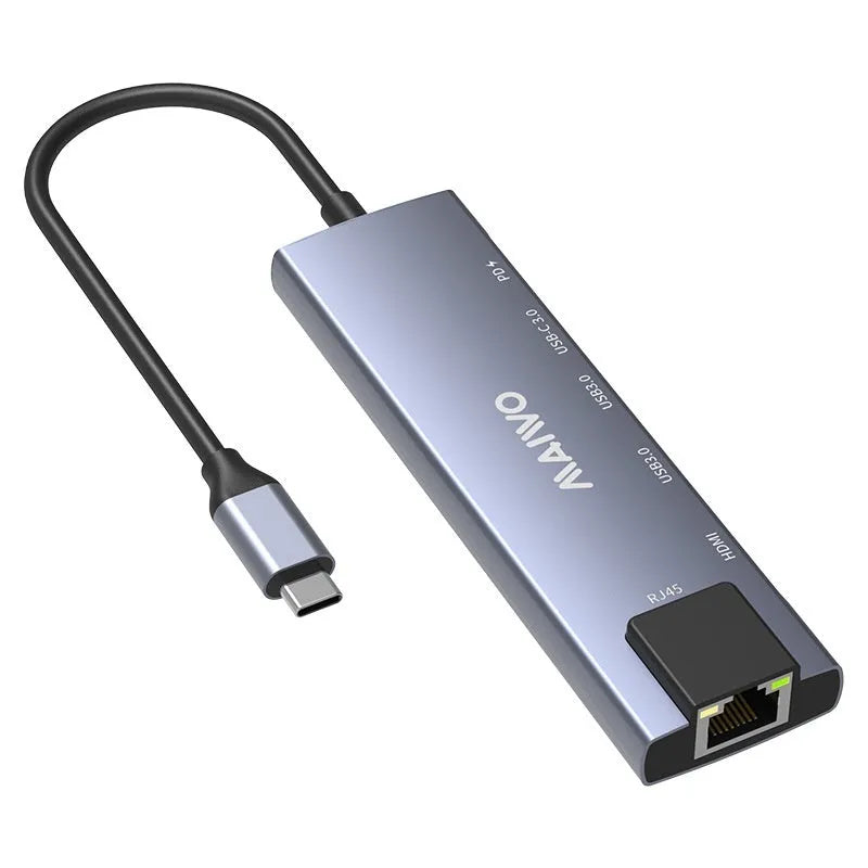 Aluminium alloy Steam Deck six-in-one docking station with USB-C cable and labelled ports for HDMI, Ethernet, and USB.