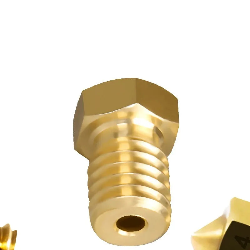 E3D style brass 3D printer nozzle with M6 thread showing multiple aperture size options