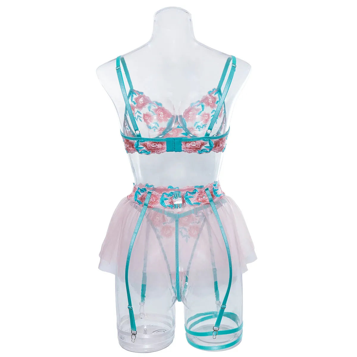 Pink women's bikini set with embroidery detail and a matching sheer mesh pettiskirt skirt.