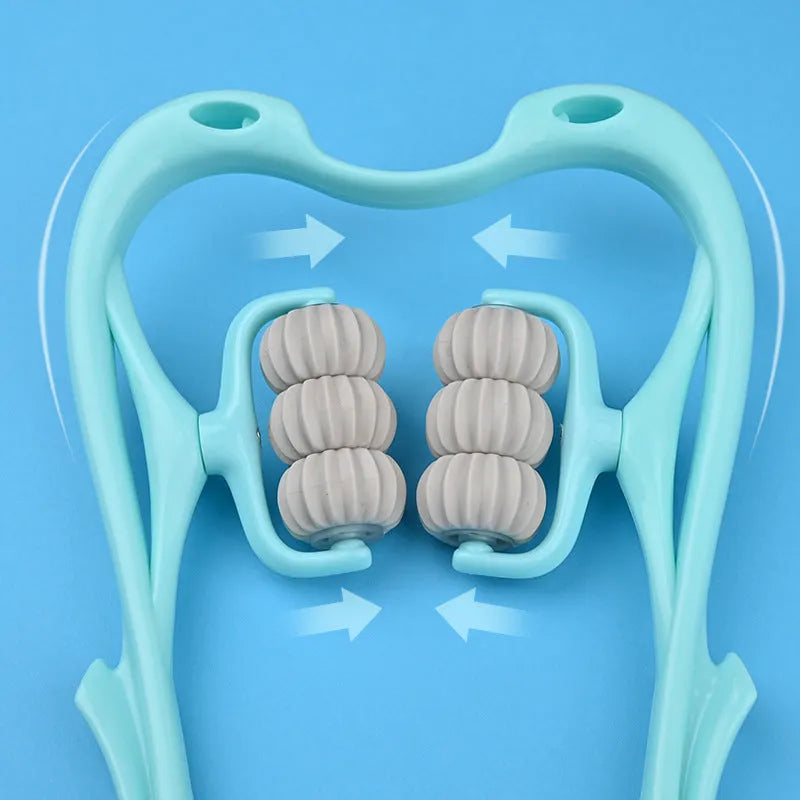 Blue plastic hand-held massager with six white wheels for neck, shoulder, and waist muscles.