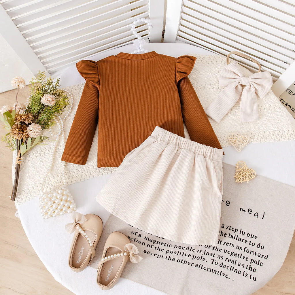 Brown cotton long-sleeve printed striped dress set with short skirt for girls 90-130cm