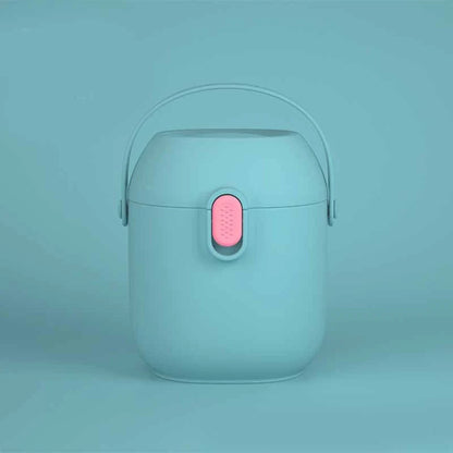 Large portable airtight baby milk powder container with scoop in blue, green, and pink