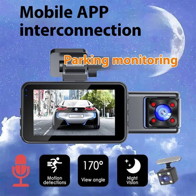 Black 3 lens car dash cam mounted on windshield with 3.0 inch screen