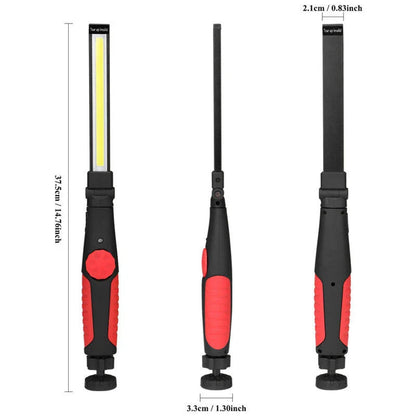 A portable LED work light with a magnetic base, adjustable brightness, and 180-degree rotating light bar for versatile illumination in car repairs, outdoor activities, and everyday tasks.