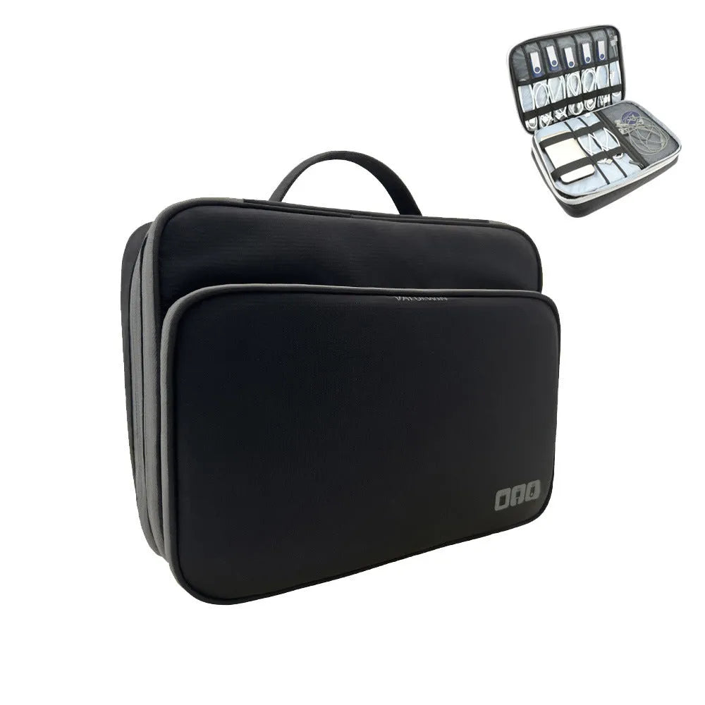 Black three-layer travel storage bag with waterproof polyester construction and sewing line detailing