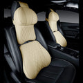 Car neck pillow and lumbar support set with leather embroidery in choice of five colours.