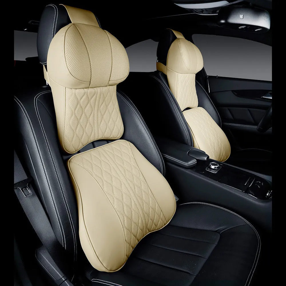 Car neck pillow and lumbar support set with leather embroidery in choice of five colours.