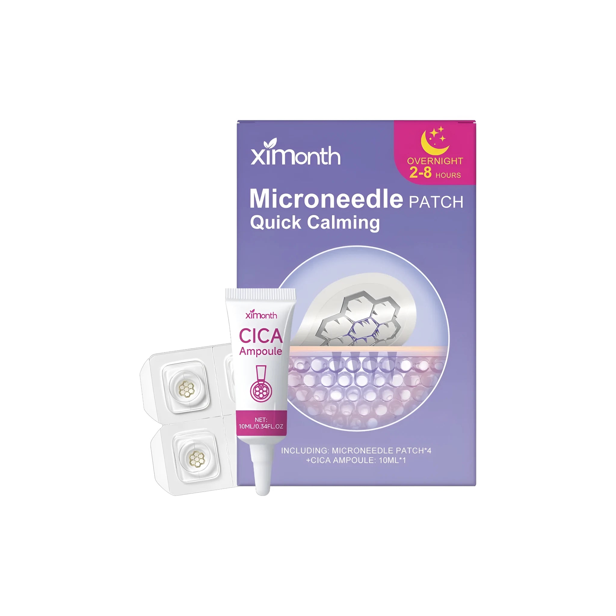 XIMONTH microneedle patch set showing four patches and a 10 ml ampoule bottle