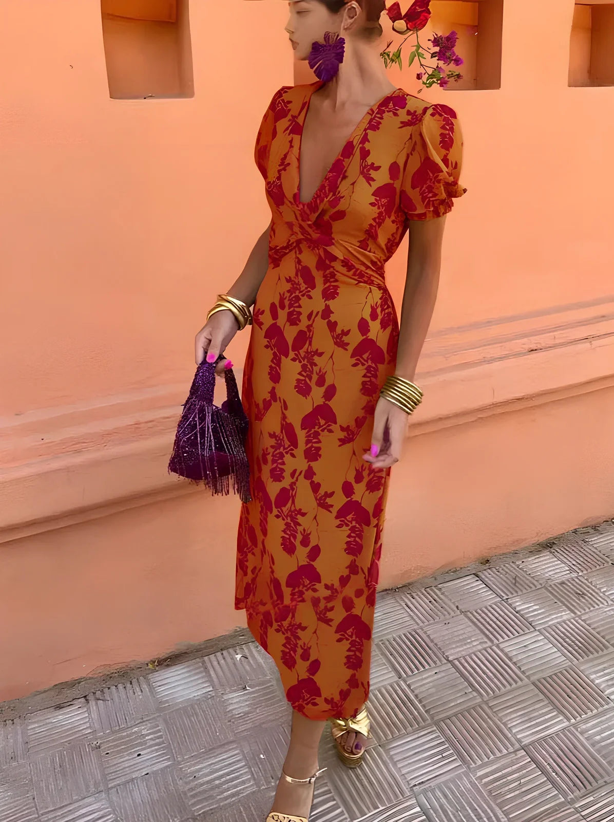 Green floral print V-neck short-sleeved polyester dress, mid-length one-step skirt, sizes S-3XL for women