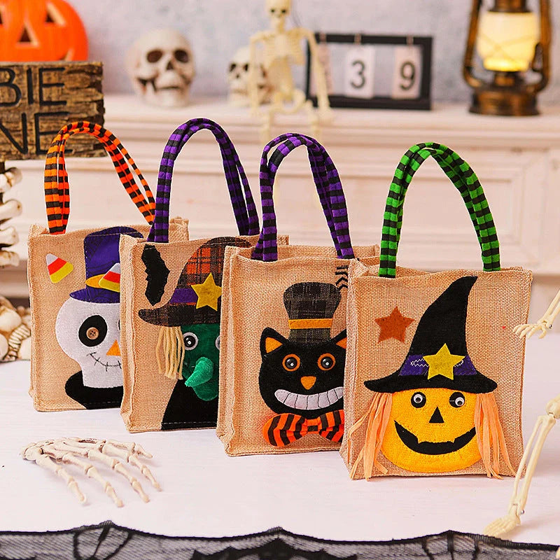 Halloween candy tote bag for kids featuring fun witch, skull, pumpkin, and black cat designs