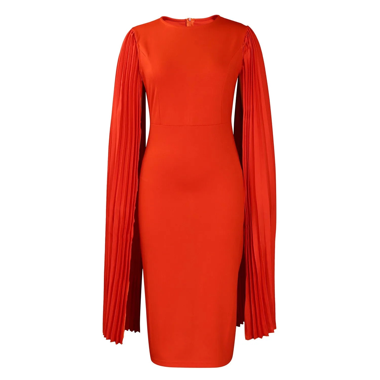 Long sleeve high waist evening gown with a pleated shawl in yellow, orange, red, or green