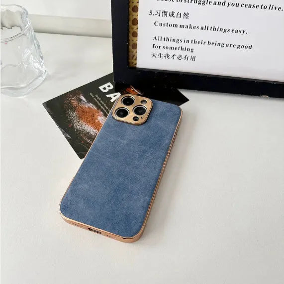 Electroplated sheepskin phone case with metal lens protector for iPhone in black