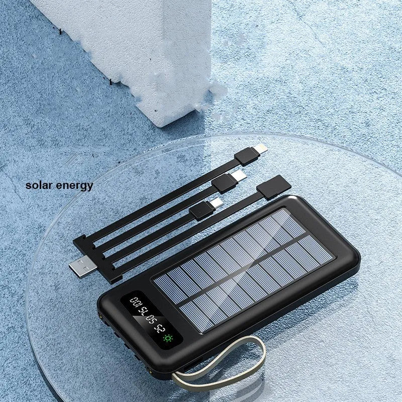 Cool black solar power bank showing its solar panel and output ports on a compact rectangular body.