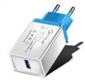 Blue QC3.0 fast travel charger with EU round plug showing compact size