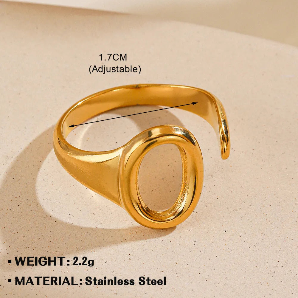 Oval ins style electroplating adjustable stainless steel ring for women, gold colour, geometric shape