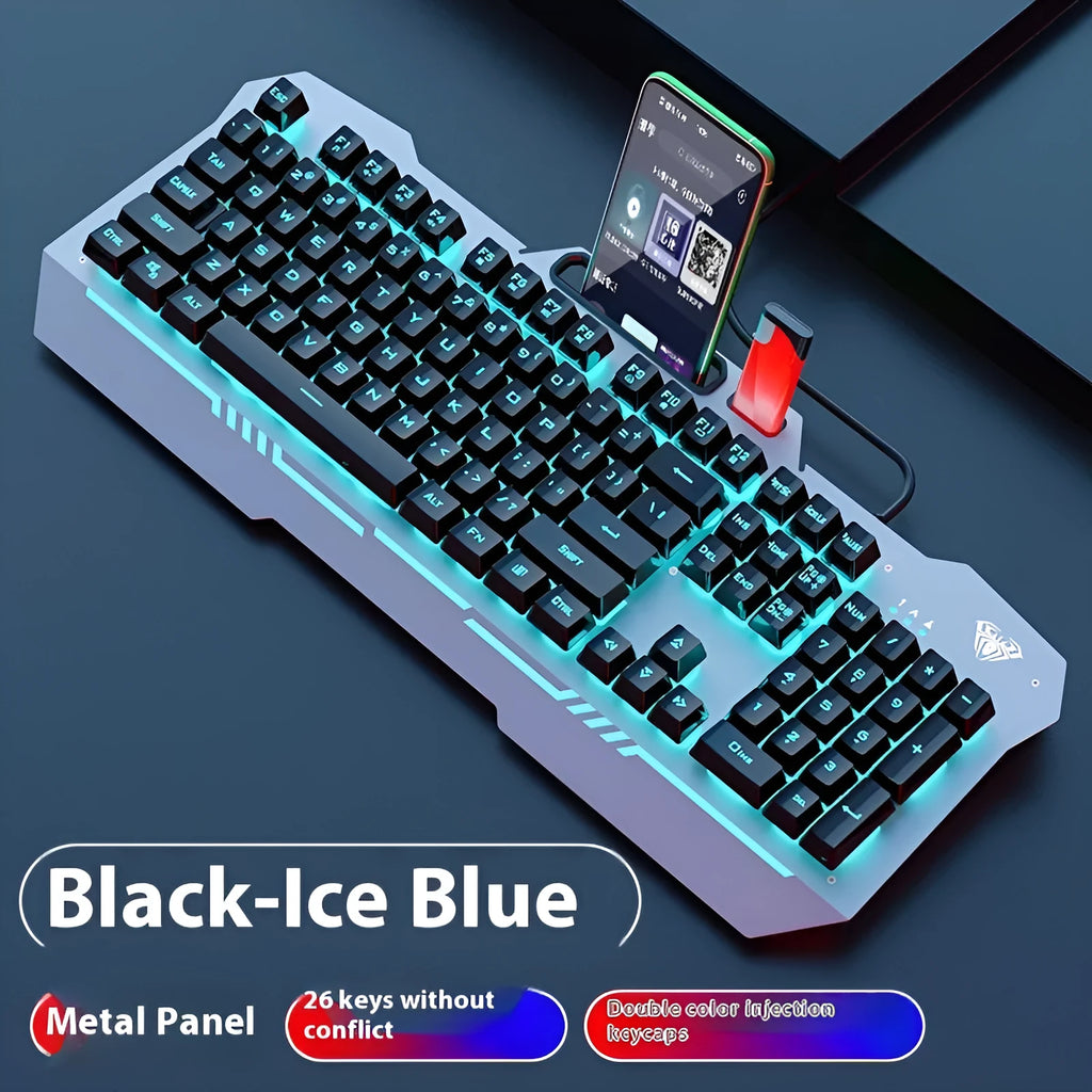 Mechanical feeling wired keyboard and mouse bundle with backlighting in black and white colour options