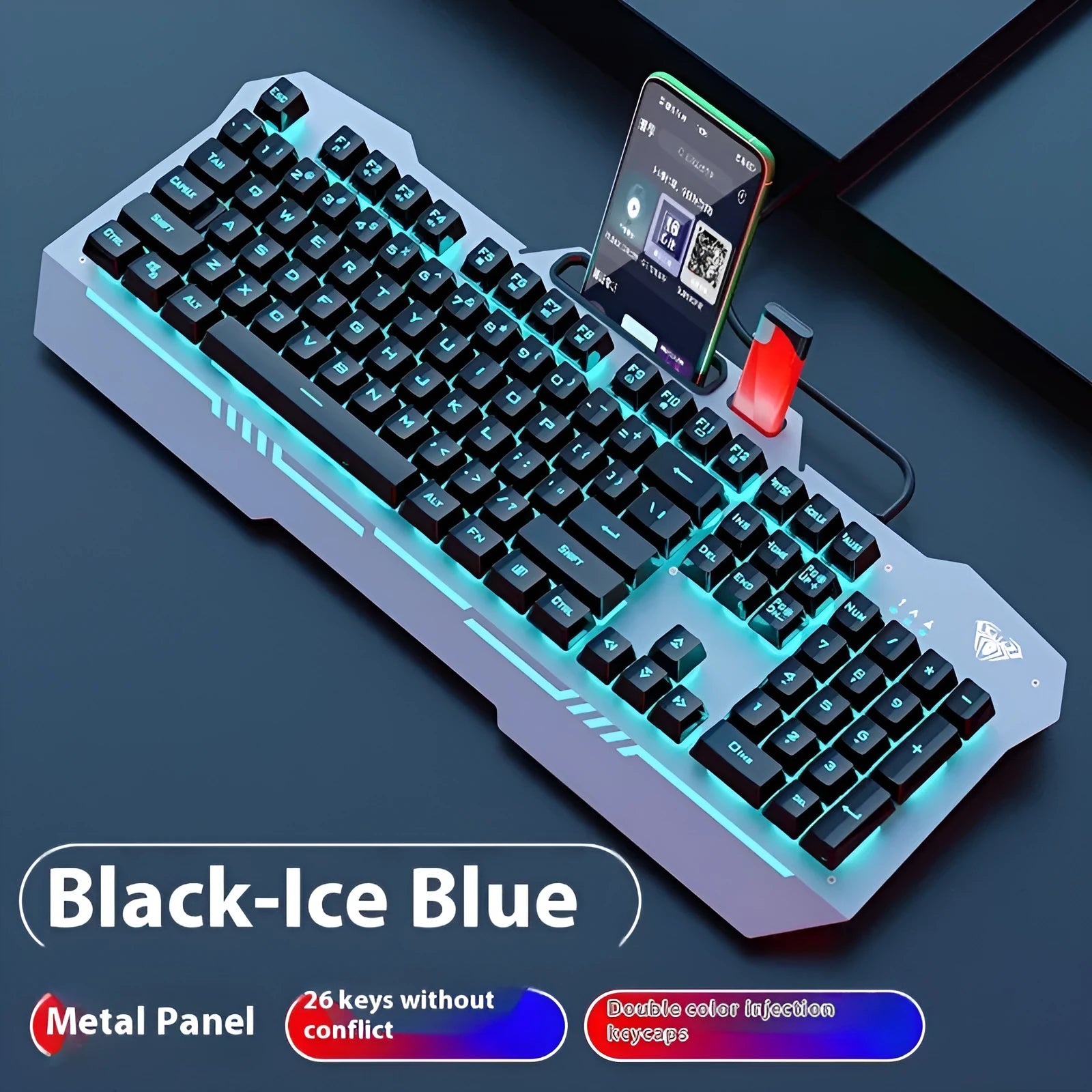 Mechanical feeling wired keyboard and mouse bundle with backlighting in black and white colour options