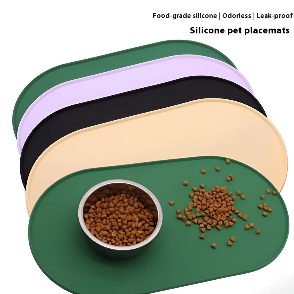 Silicone waterproof placemat for cat bowls in green, beige, black, or purple colour.