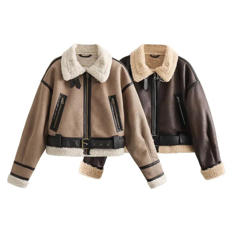 Women's loose long sleeve lamb wool splicing coat in khaki, with zipper front, on display as casual outerwear