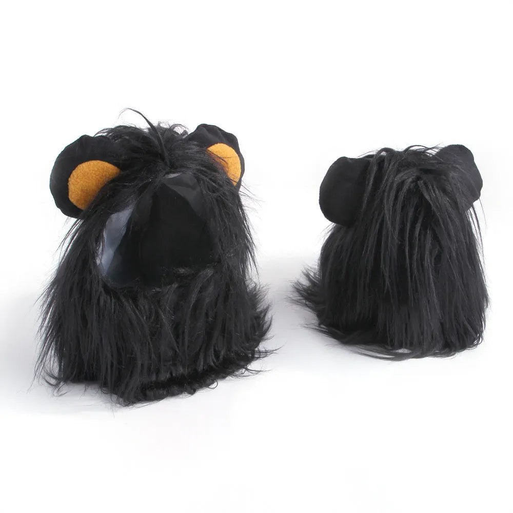 Pet cat wearing lion mane headgear wig hat in black colour for funny costume dress up