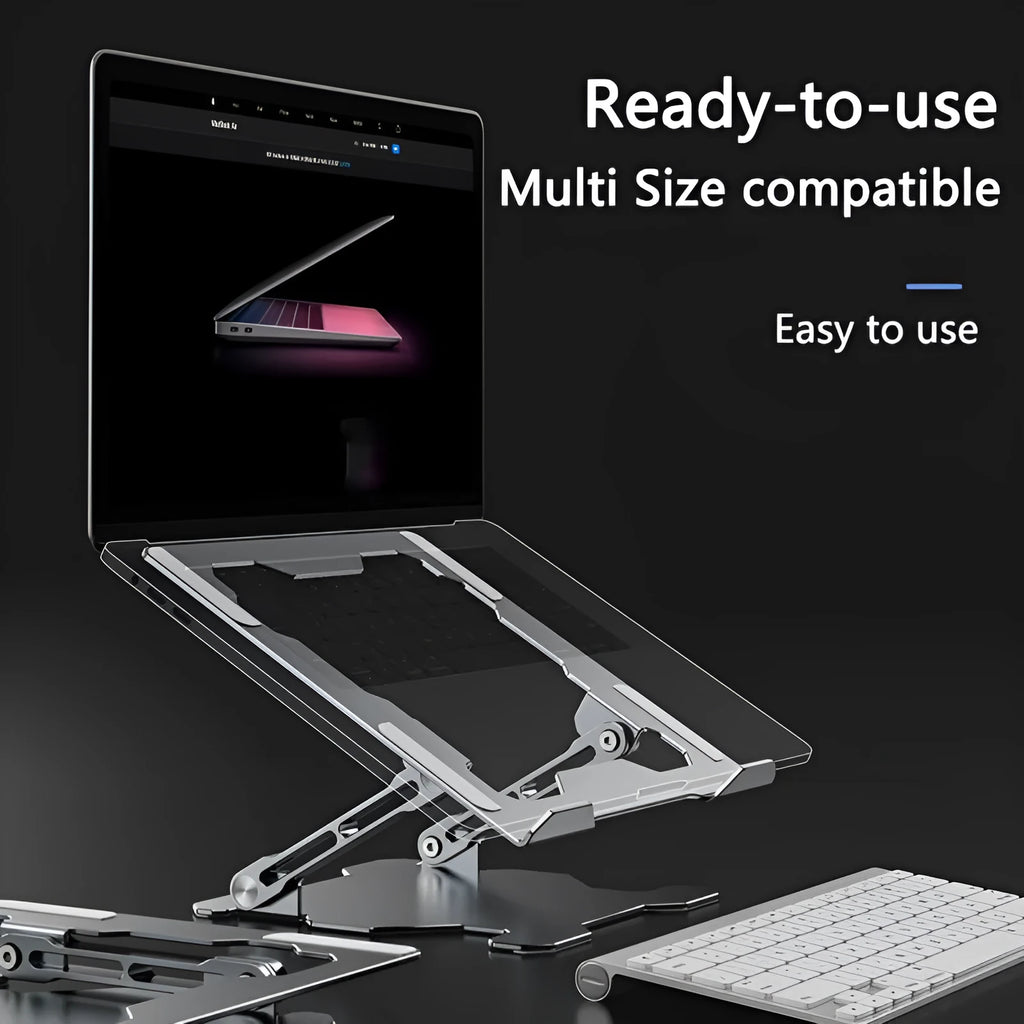 Grey aluminium laptop stand with adjustable angle, shown folded and unfolded next to a laptop.