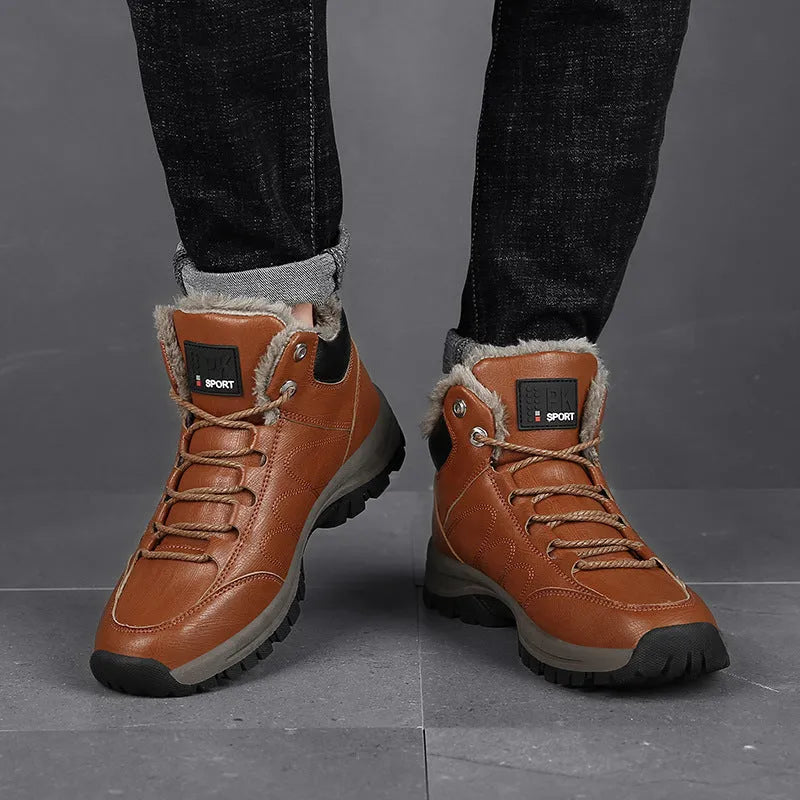 Men's winter boots with plush lining, black, lace-up style, artificial PU upper with cowhide finish, rubber sole