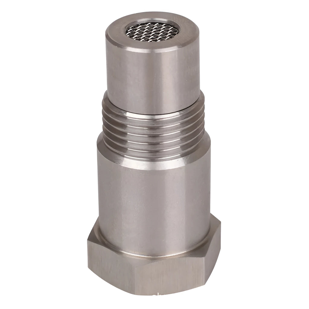 Silver stainless steel M18*1.5 oxygen sensor adapter 46.5mm length on black background