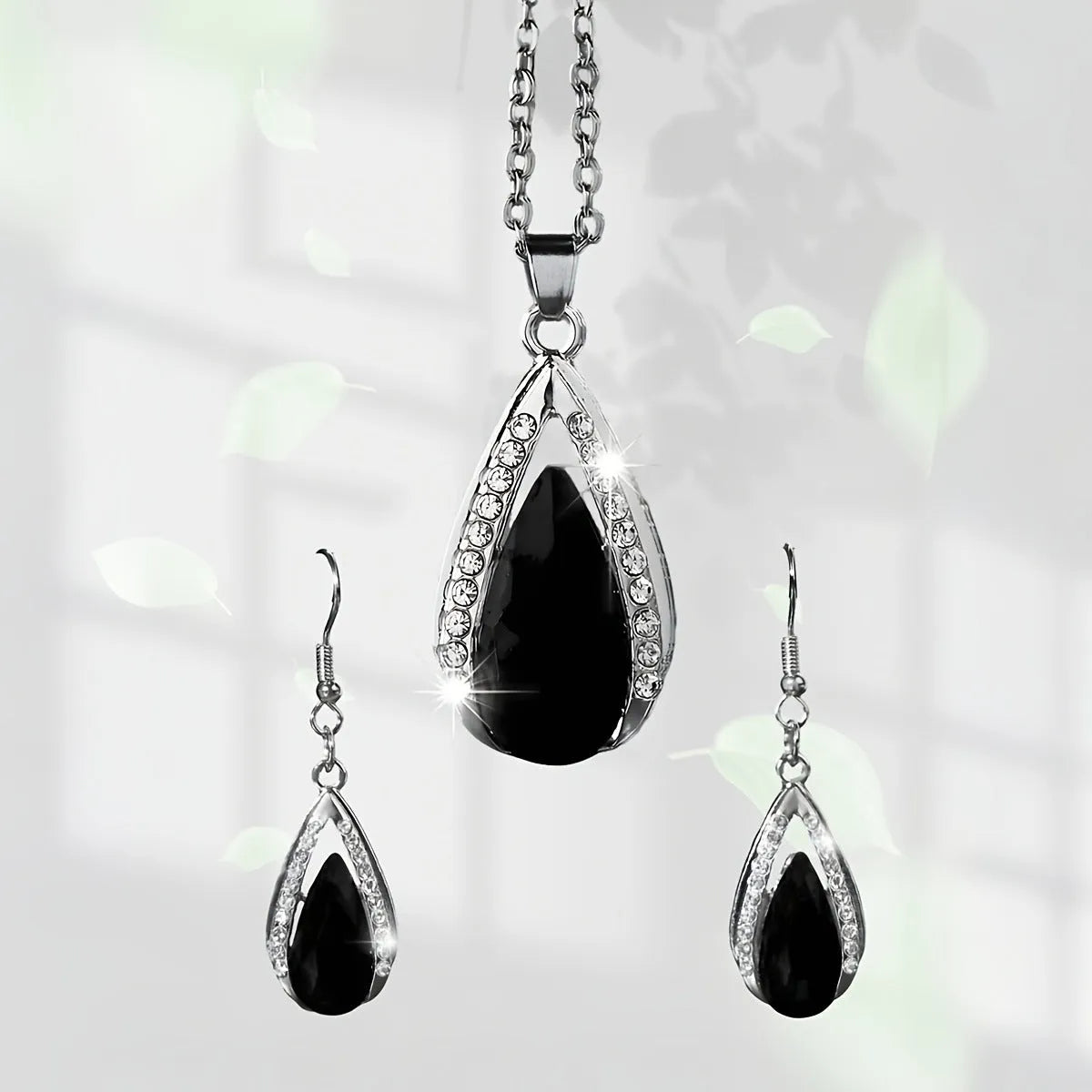 Black and red teardrop glass pendant alloy necklace and earrings jewellery set