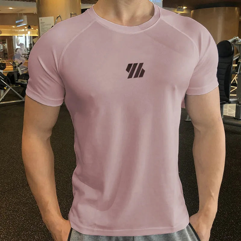 Men's quick-drying compressed top in solid colour polyester fabric for training and running, available in black white light pink navy blue sizes M to 3XL