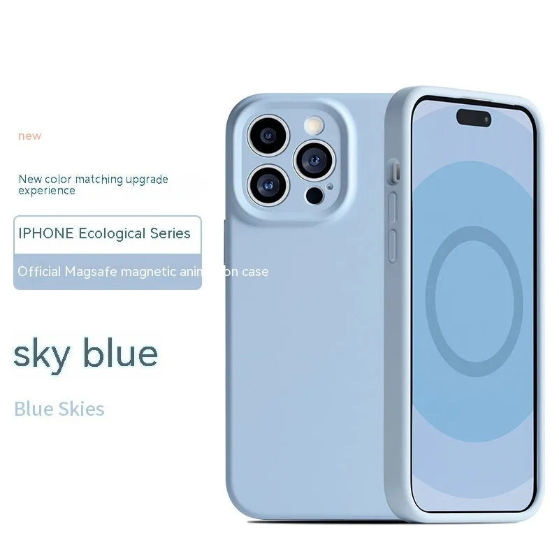 Liquid silicone phone case for iPhone with magnetic suction, solid colour finish, and precise cutouts