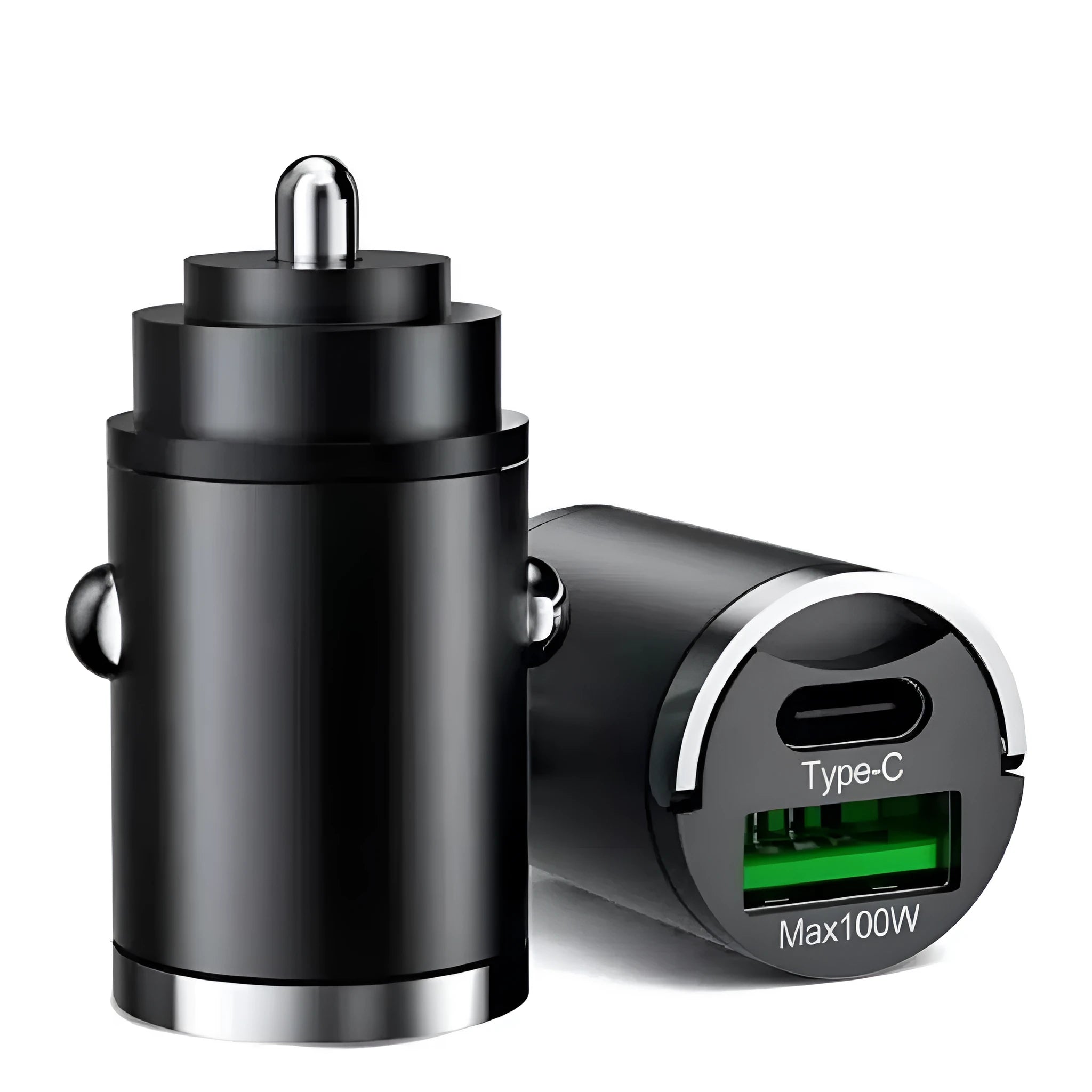 Black metal 100W car charger with invisible pull-tab design and USB output port