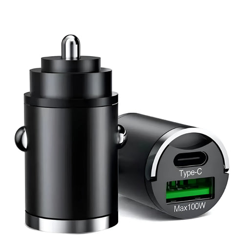 Black metal 100W car charger with invisible pull-tab design and USB output port