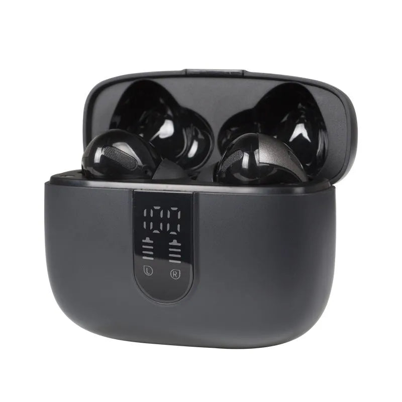 Jerry X08 wireless in-ear Bluetooth headset with digital display and USB charging case.