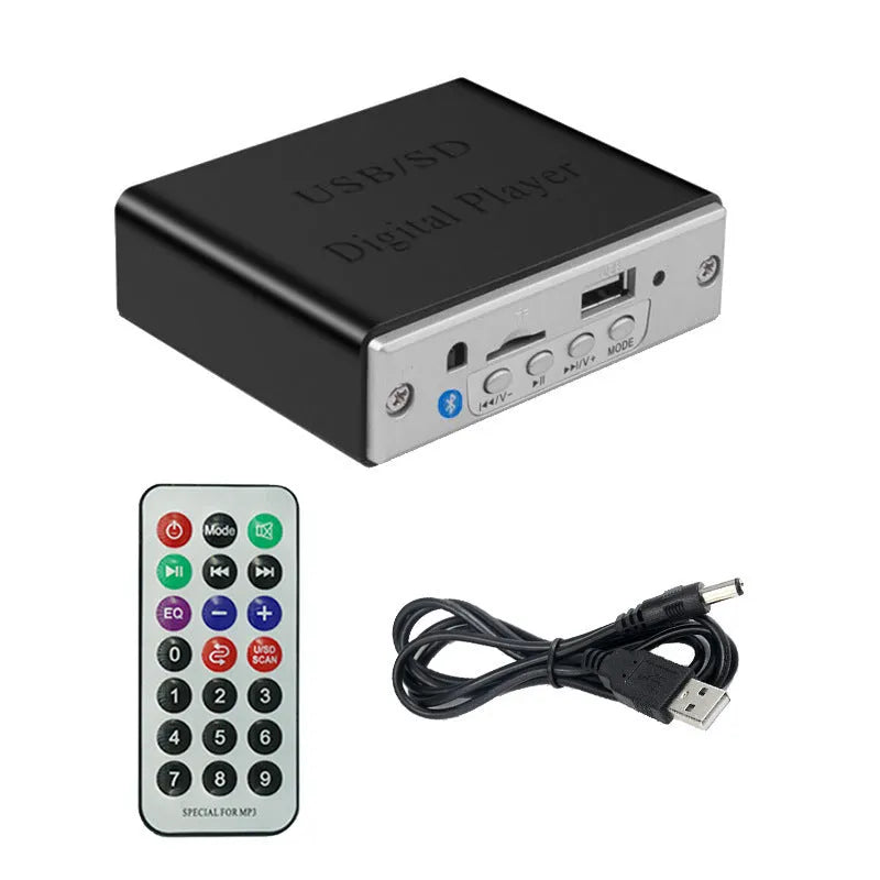 White 12V car Bluetooth MP3 decoder with USB and TF card slots, FM radio, and infrared remote control