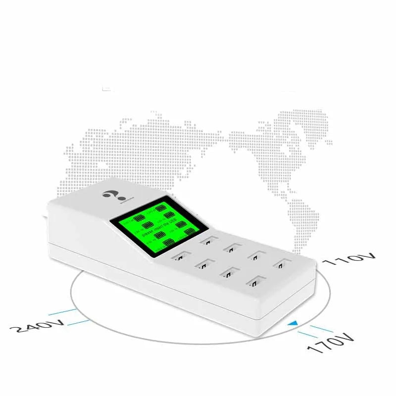 White multi-port USB mobile phone charger with UK, EU, US plug adapters on a desk