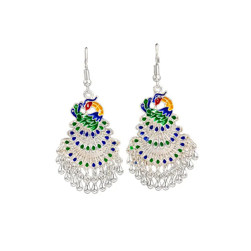 Cloisonne peacock earrings with Miao silver phoenix totem in gold electroplated finish