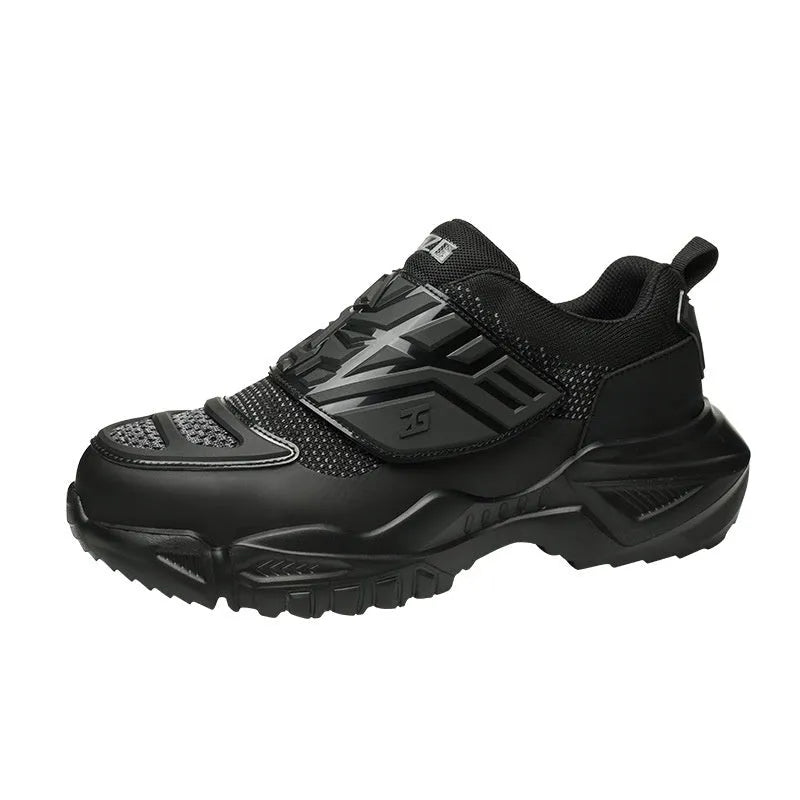 Black safety work shoes with steel toe caps, buckle fastening, and mesh uppers showing protective features