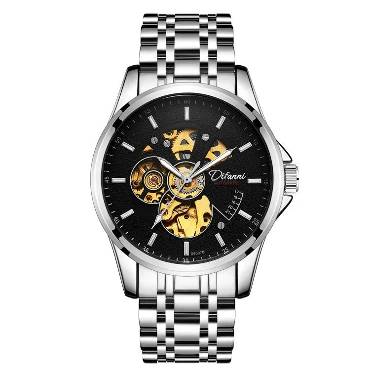 Mechanical automatic watch with 42mm stainless steel case, black dial, mineral glass, and steel bracelet on light background