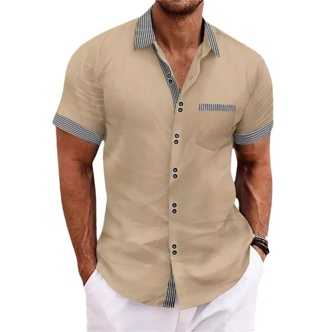 Men's slim fit pure cotton striped casual shirt with short sleeves and double button front