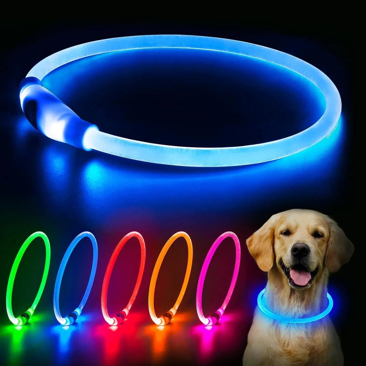 USB rechargeable LED light-up dog collar in blue, showing the light unit and adjustable TPU strap.