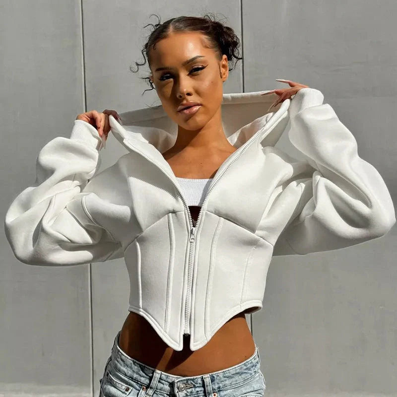 Y2K inspired women's zipper hoodie cardigan in grey and white with long sleeves
