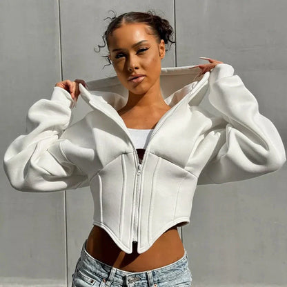 Y2K inspired women's zipper hoodie cardigan in grey and white with long sleeves