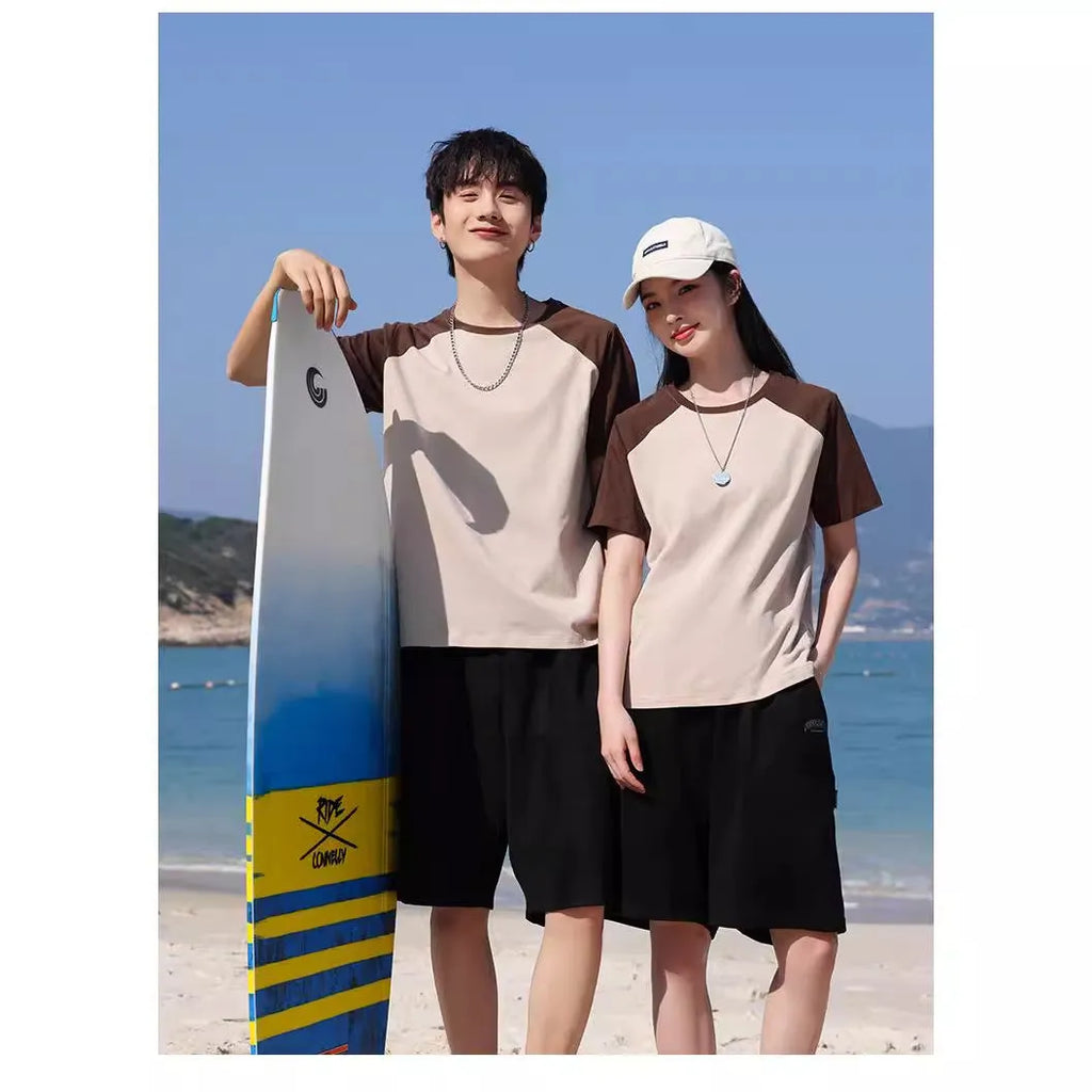 Men's round neck cotton blend t-shirt in loose fit style showing colour options including army green and wine red
