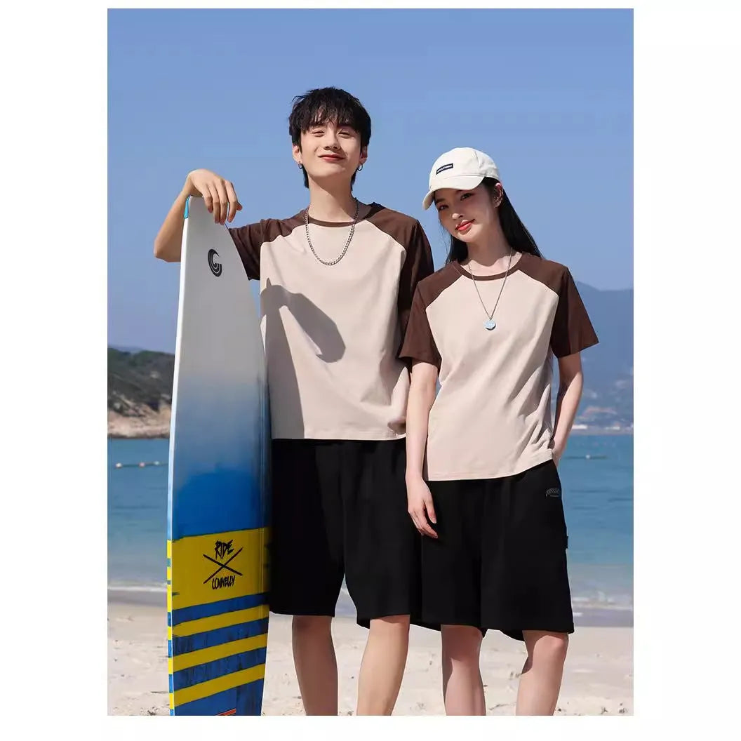 Men's round neck cotton blend t-shirt in loose fit style showing colour options including army green and wine red