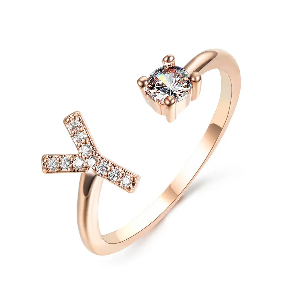 Elegant 26-letter adjustable initial ring in gold, silver, and rose gold finishes