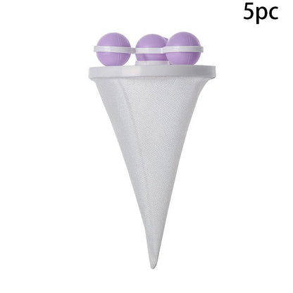 Ultra-fine mesh washing machine lint catcher in purple, blue, and pink for effective hair and lint removal